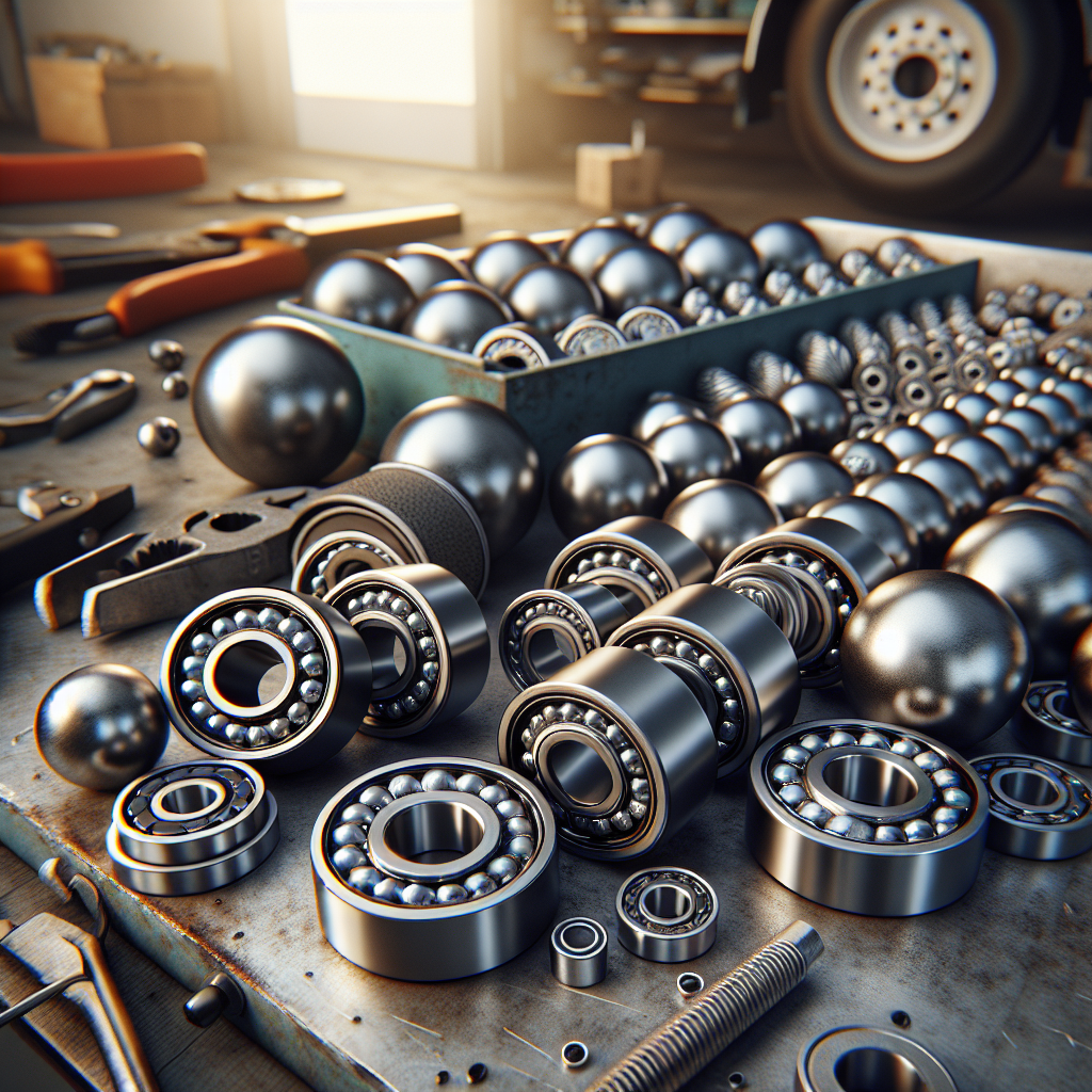 Illustration of trailer bearings, showing roller and ball bearings in a workshop setting.