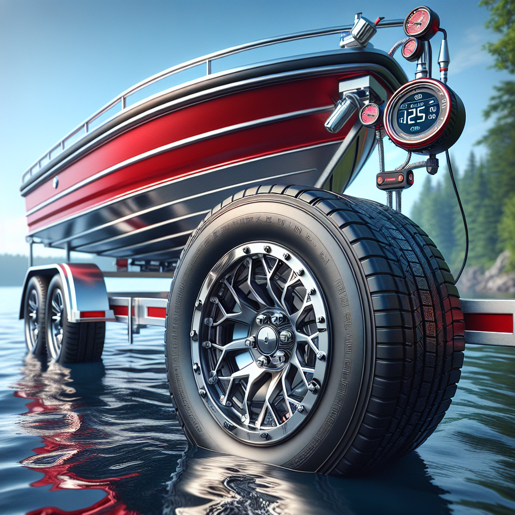 A boat trailer with a Tire Pressure Monitoring System in a scenic lakeside setting.