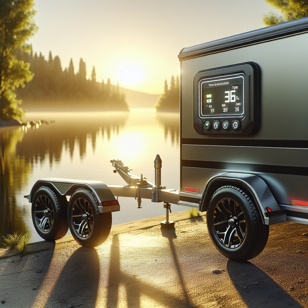 A boat trailer with a Tire Pressure Monitoring System near a tranquil lake during golden hour.