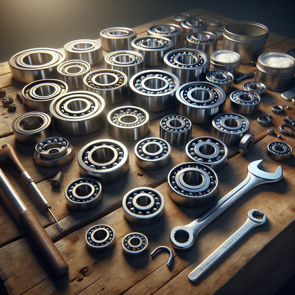 A close-up view of various trailer bearings on a wooden workbench with tools.