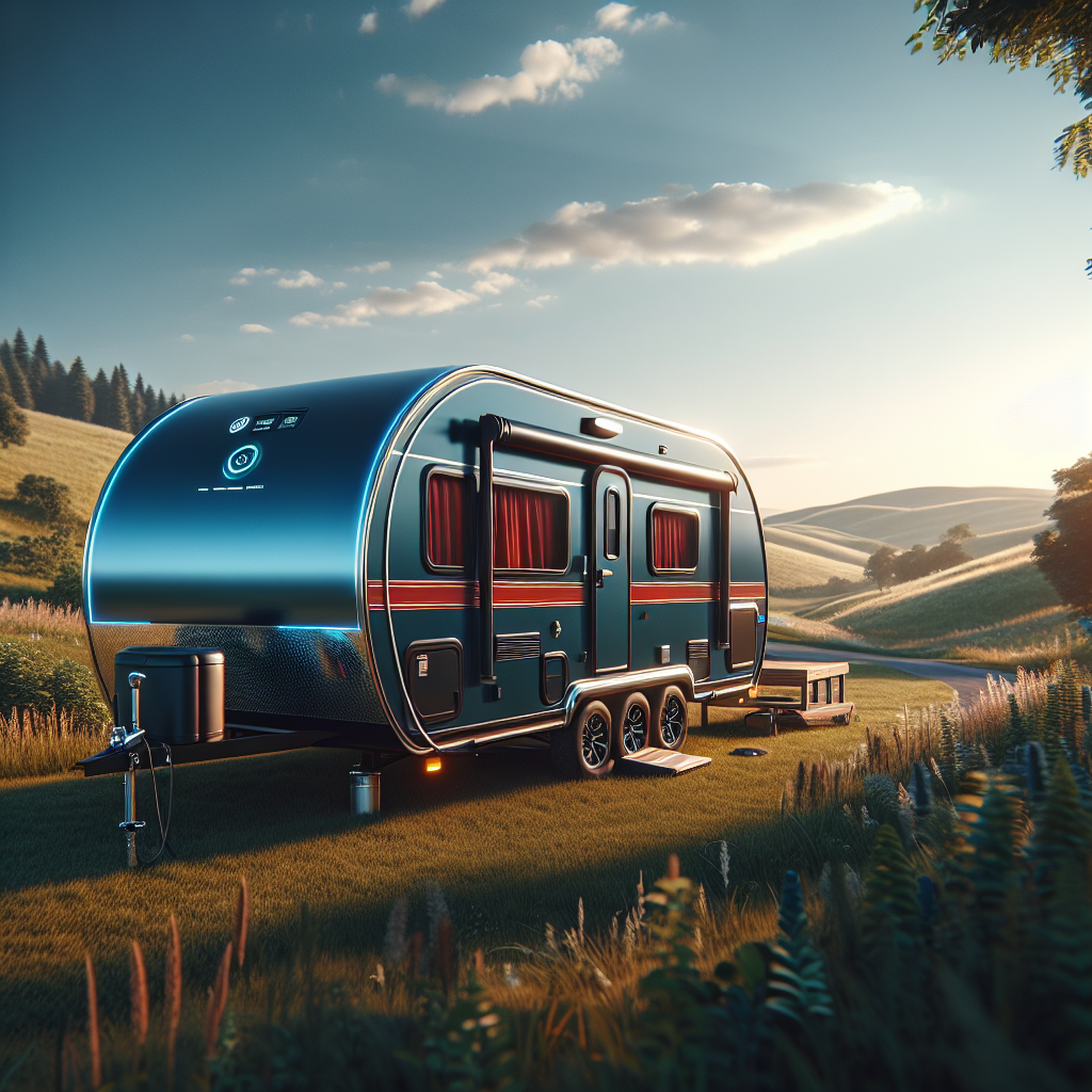 A travel trailer with a modern TPMS in a scenic landscape.