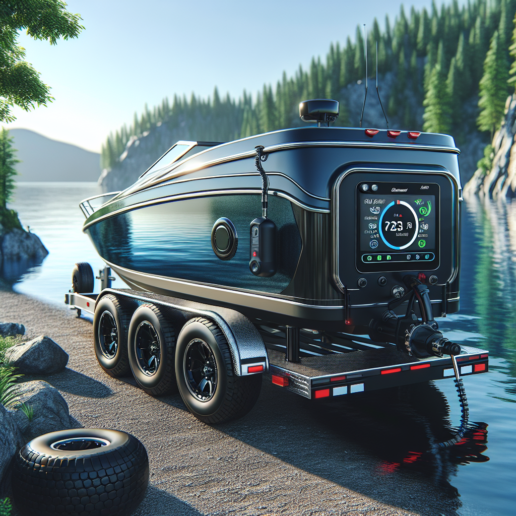 A boat trailer with a Tire Pressure Monitoring System near a serene lake.