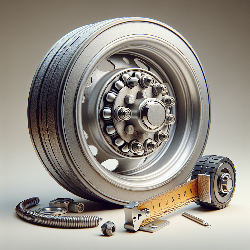 A close-up of a trailer wheel assembly focusing on wheel bearings and a measuring tool.