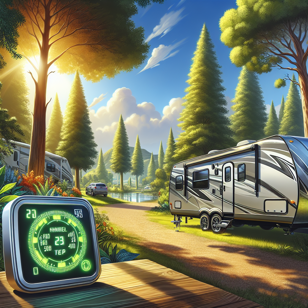 A travel trailer with a visible Tire Pressure Monitoring System in a scenic campground.