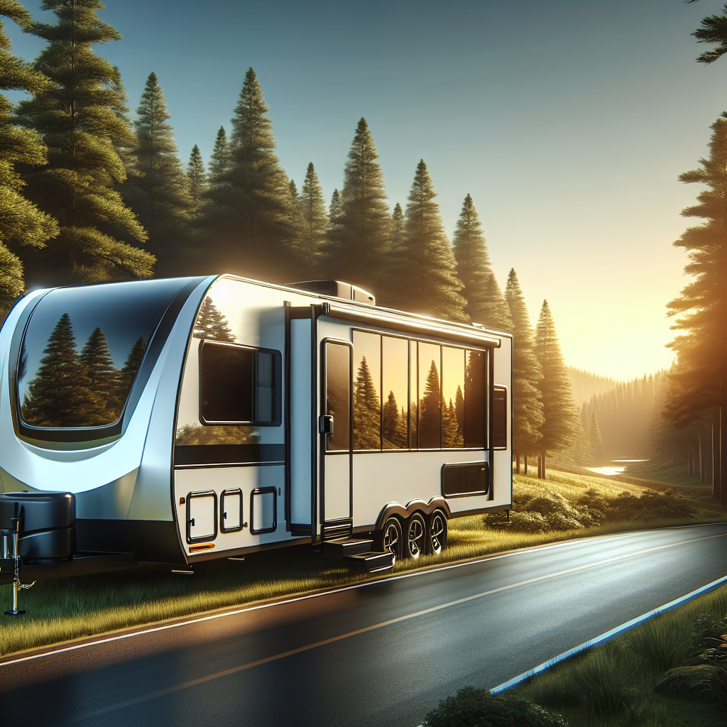 A modern travel trailer parked in a scenic outdoor setting surrounded by trees.