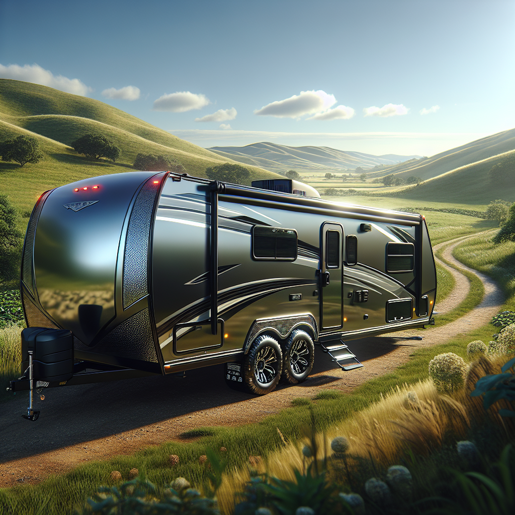 A travel trailer in a beautiful countryside landscape, emphasizing its tires with a Tire Pressure Monitoring System.