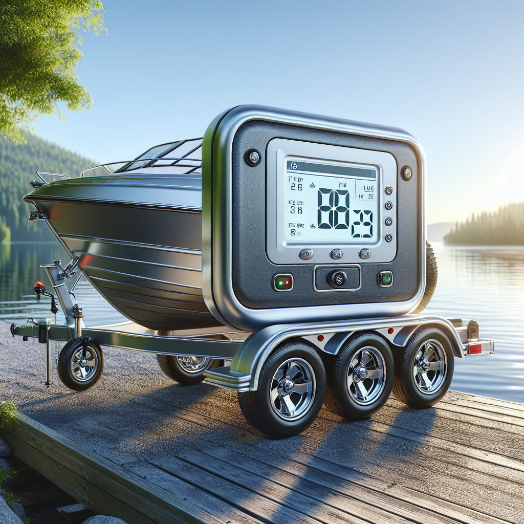 A boat trailer equipped with a Tire Pressure Monitoring System near a calm lake.