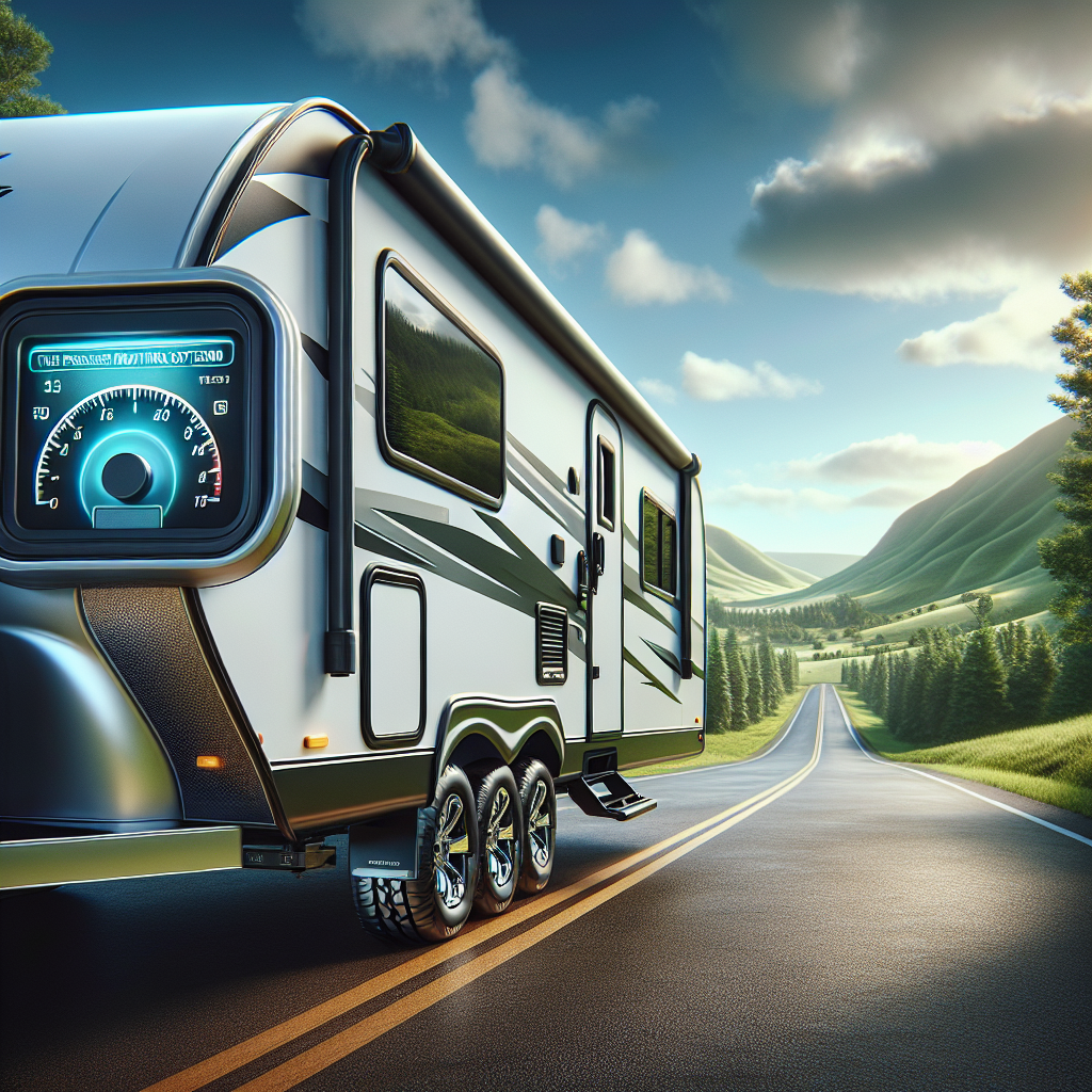 A travel trailer on a scenic road with emphasis on its tire pressure monitoring system.