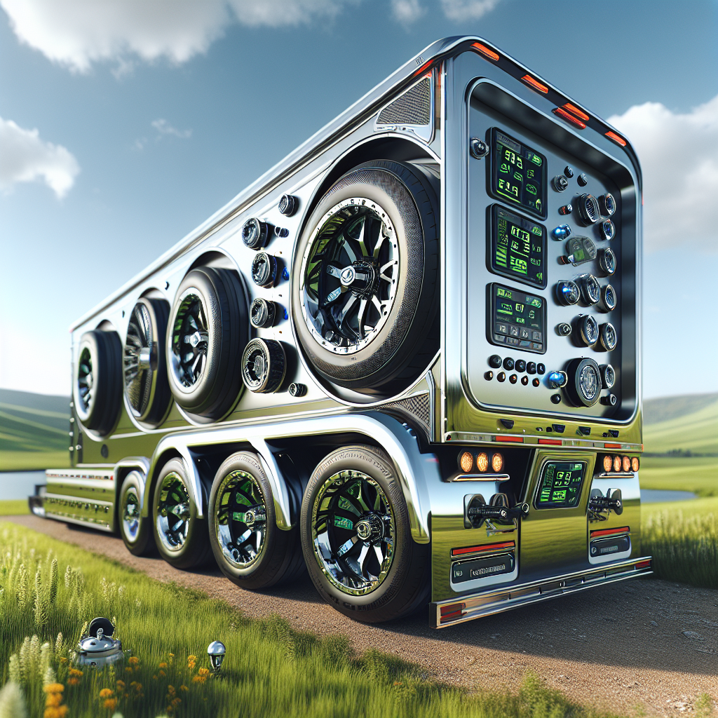 A modern trailer with visible tire pressure monitor sensors in a scenic outdoor setting.