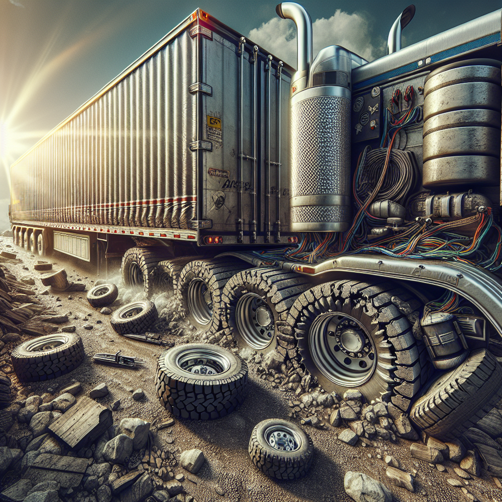 A realistic image of a trailer on a rough road with details of tire heat buildup.