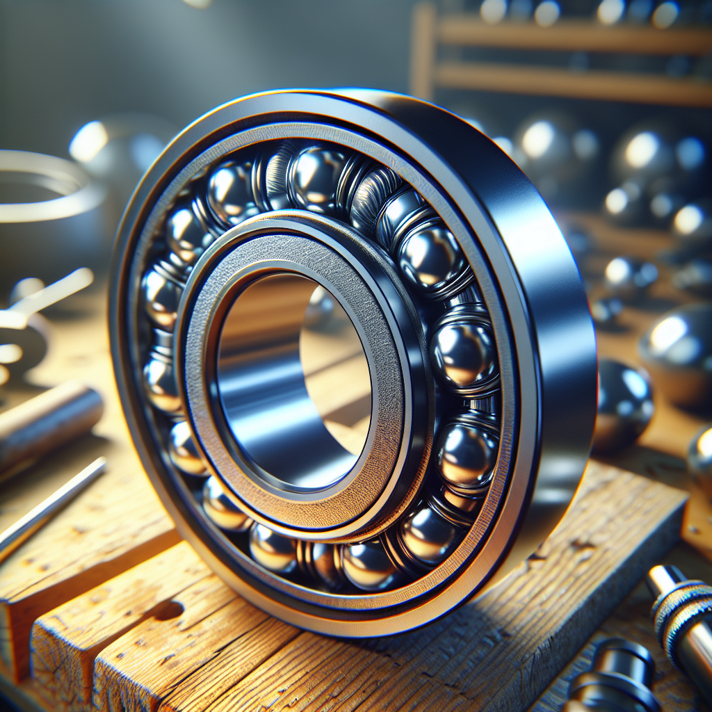 A close-up view of a trailer wheel bearing with metal rollers on a wooden workbench.