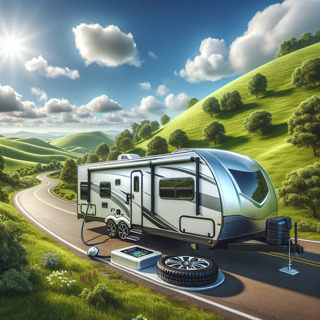 A modern travel trailer on a country road surrounded by green hills and blue sky.