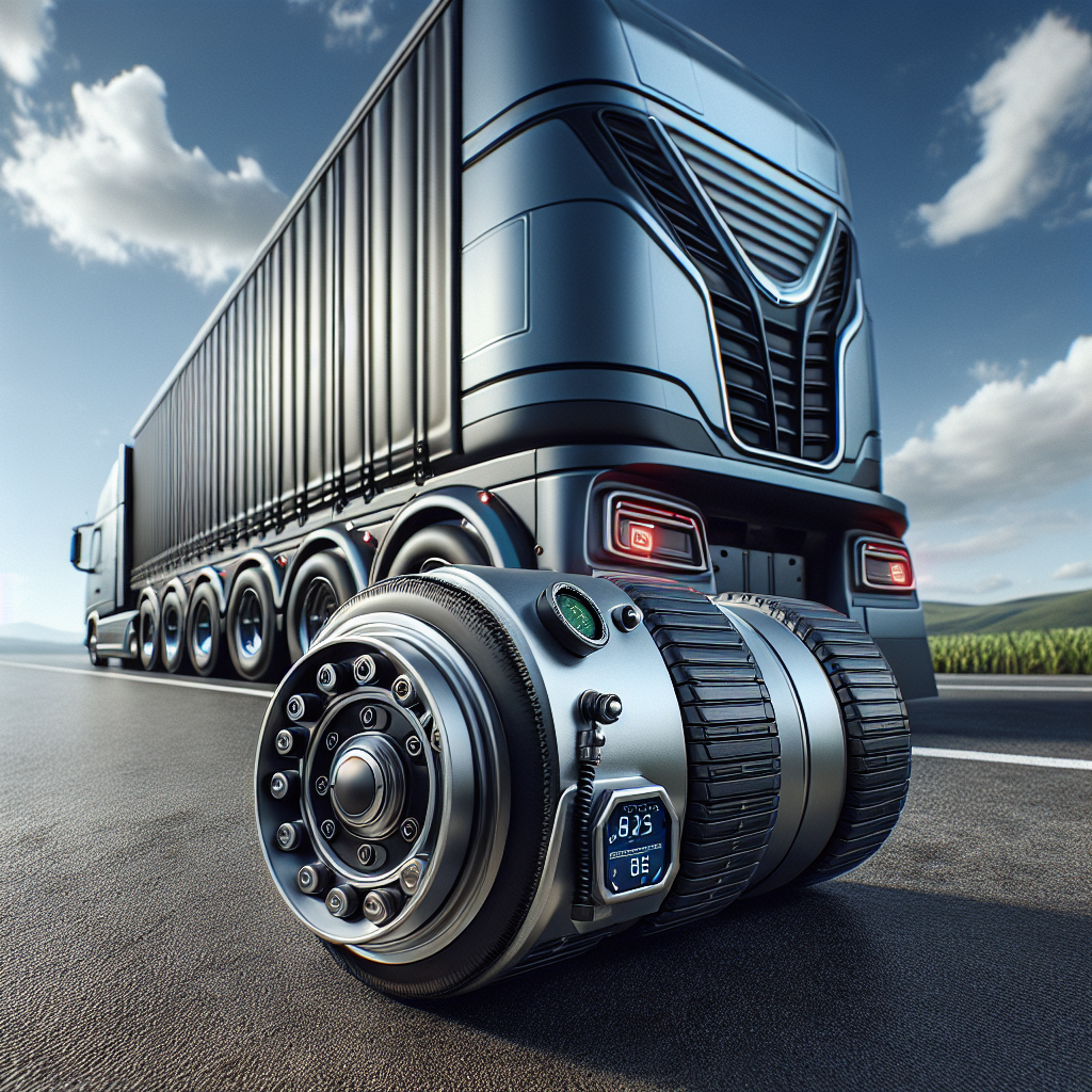A modern trailer on a highway with visible tire pressure monitor sensors and clear skies.
