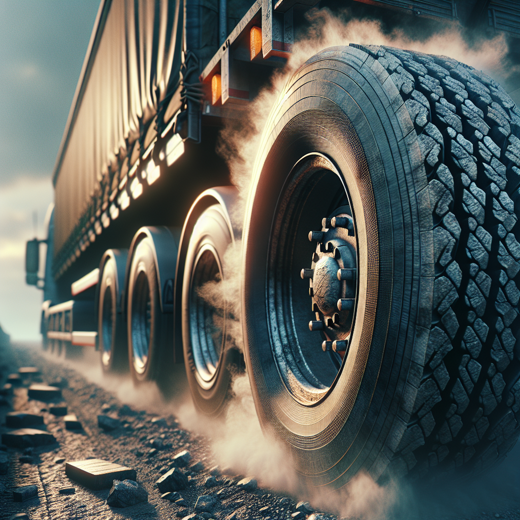 Close-up of a trailer tire showing signs of heat stress on a rough road.