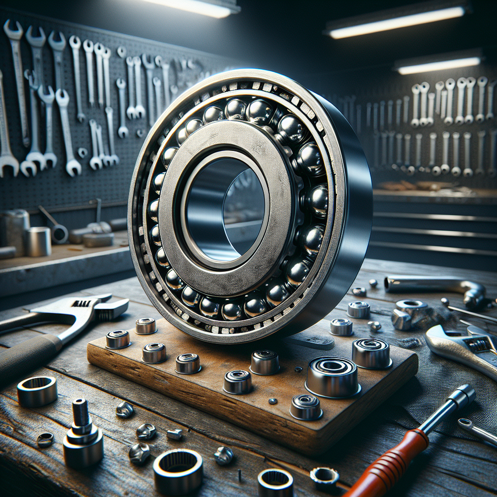 A disassembled trailer wheel bearing displayed on a mechanic's workbench.