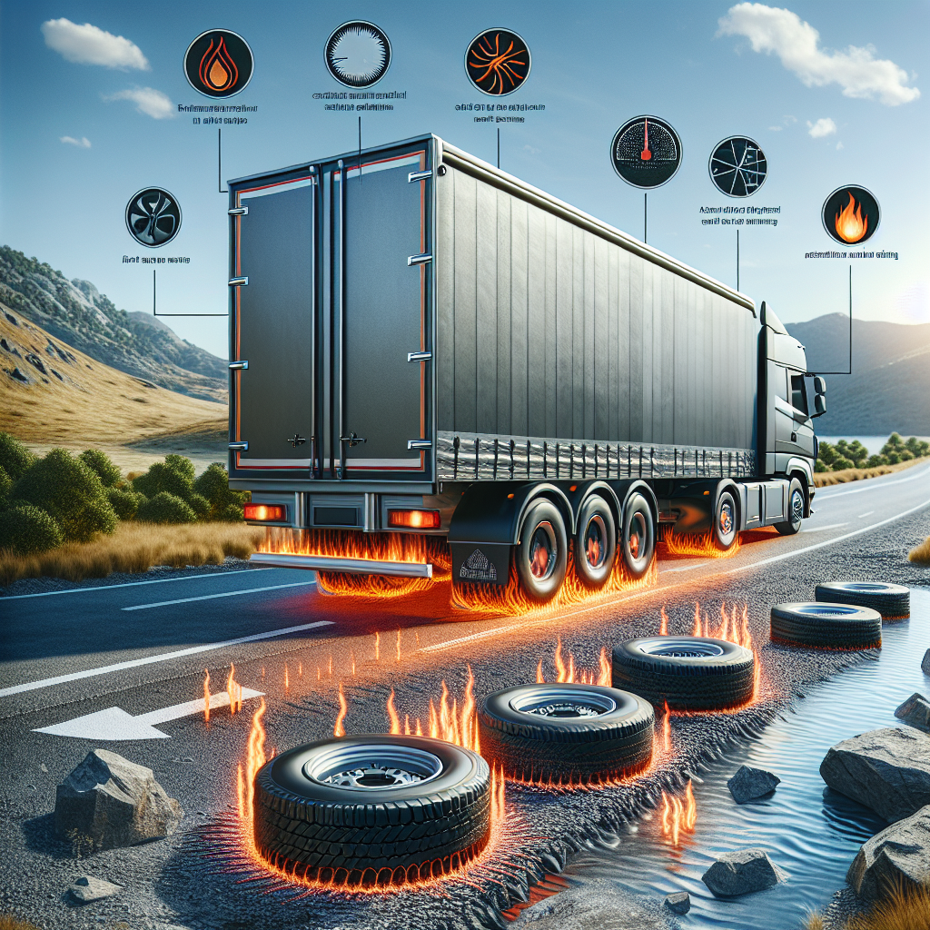 A trailer on a rugged road with signs of tire heat.