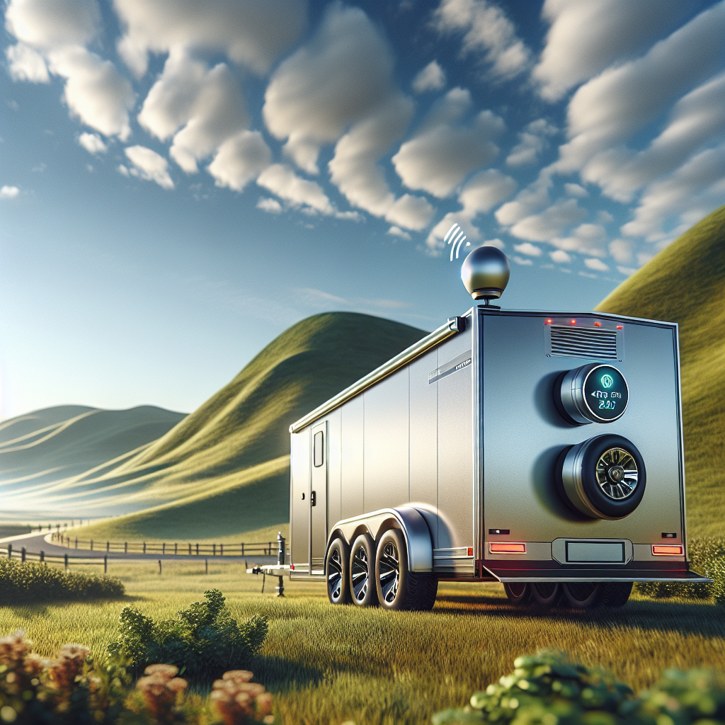 A modern trailer with tire pressure monitor sensors in a scenic landscape.