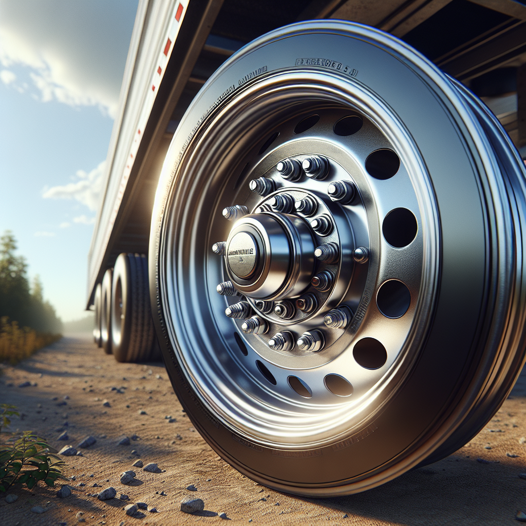 A close-up view of a trailer wheel and its bearing assembly on a dirt road.
