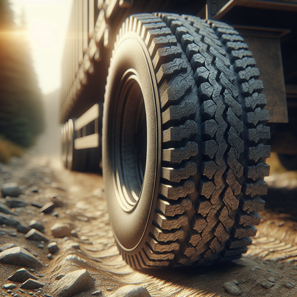 A close-up of a trailer tire on a rugged dirt road.