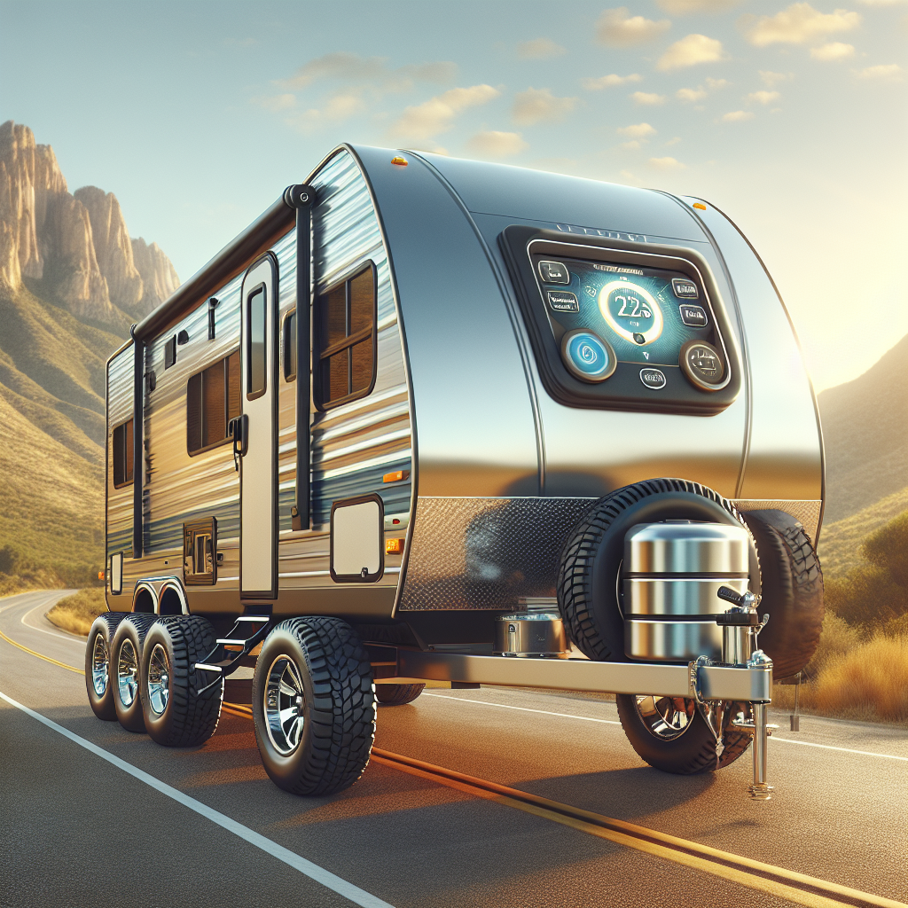 A travel trailer on a highway with an emphasis on safety, depicting a TPMS system.