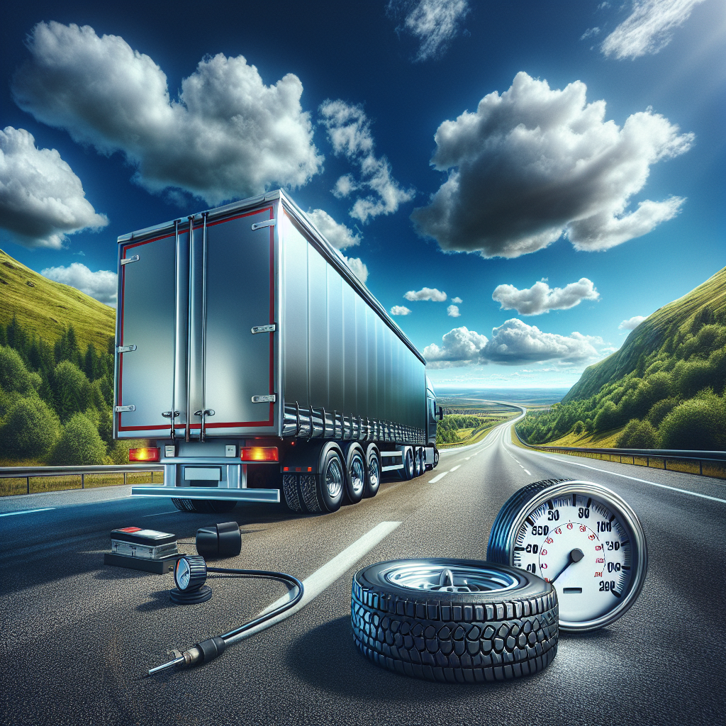 A trailer on a highway with one under-inflated tire and a tire pressure gauge.