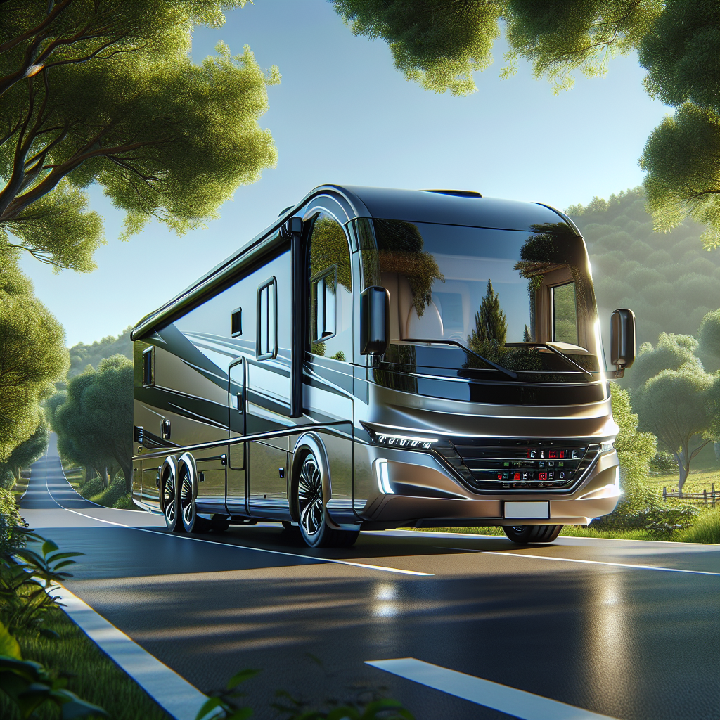 A modern RV parked on a scenic route with emphasis on its tire pressure monitoring system.