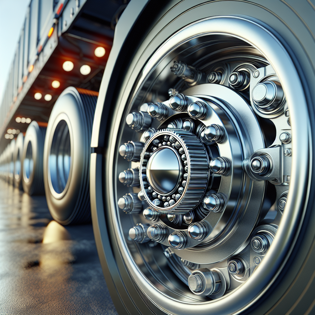 Close-up of a trailer wheel hub and bearings showcasing detailed metalwork and rubber tires.