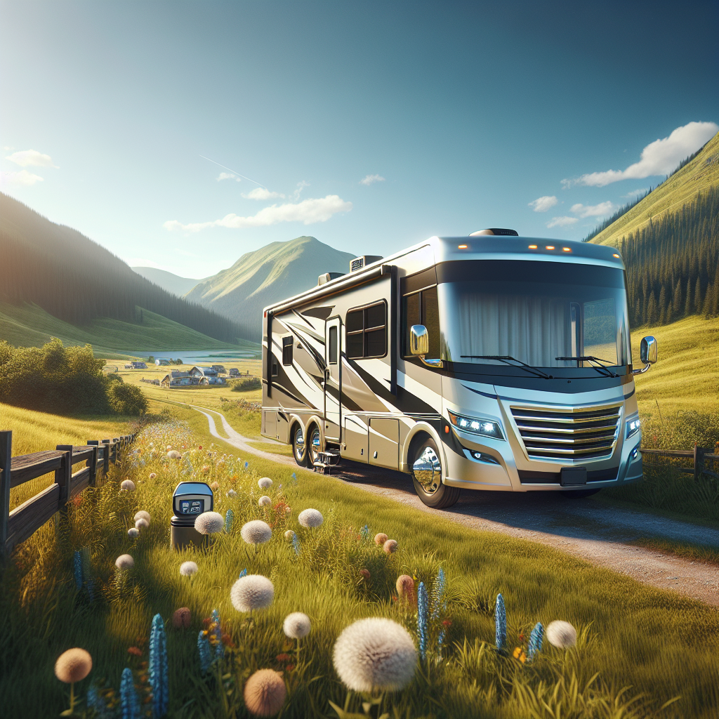 A modern RV parked on a scenic road with mountains and wildflowers around.