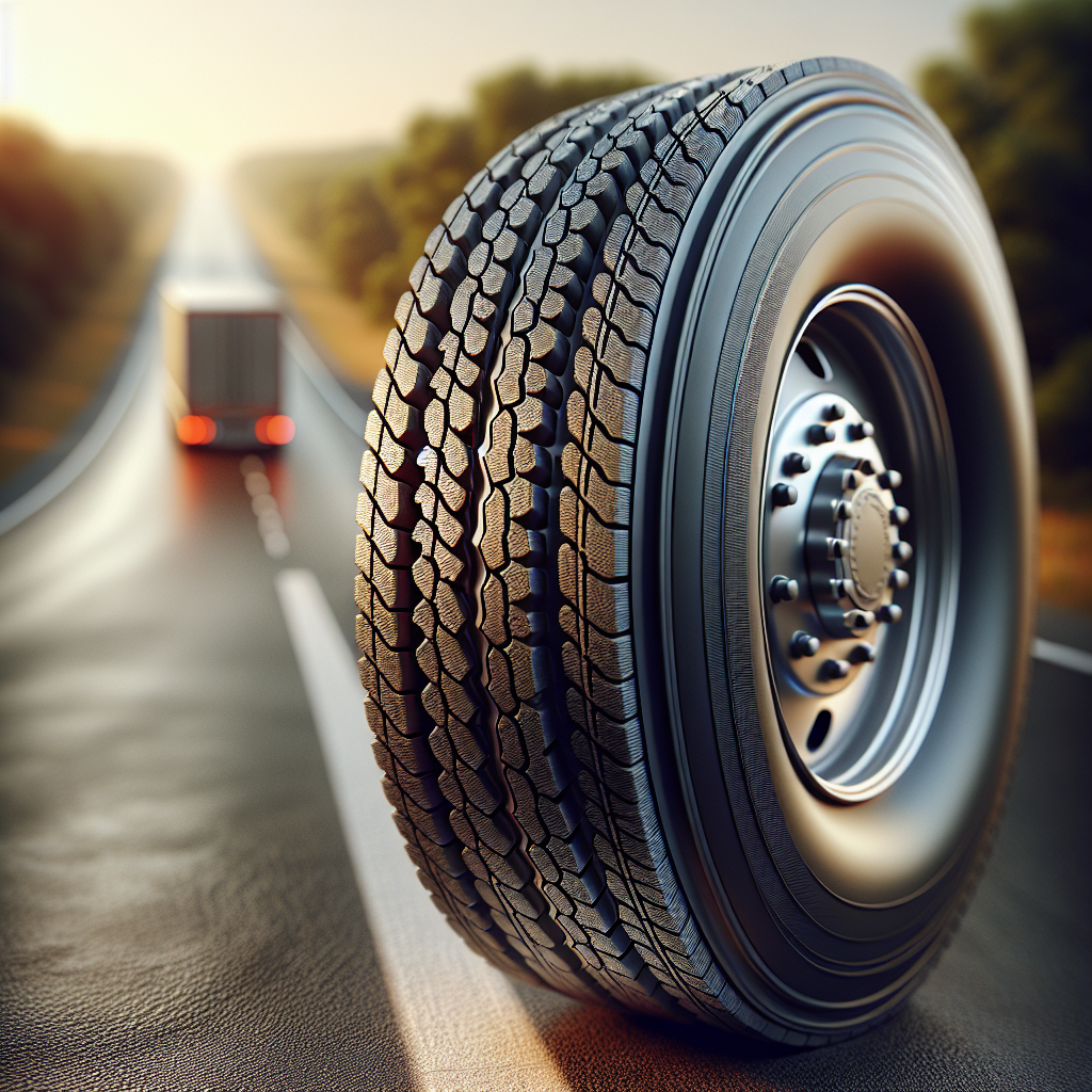 A close-up of a well-inflated trailer tire showing detailed tread patterns, set against a blurred road background.