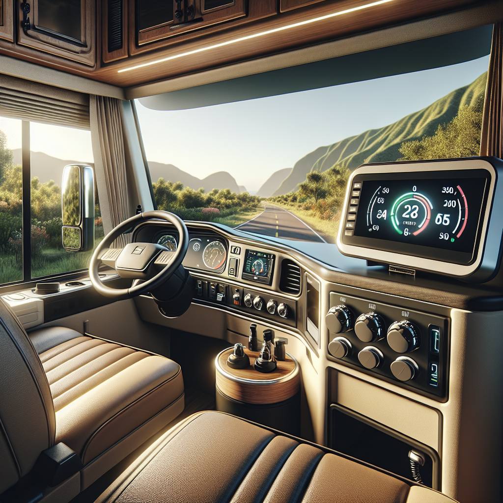 An RV dashboard showcasing a tire pressure monitoring system with a scenic landscape outside.