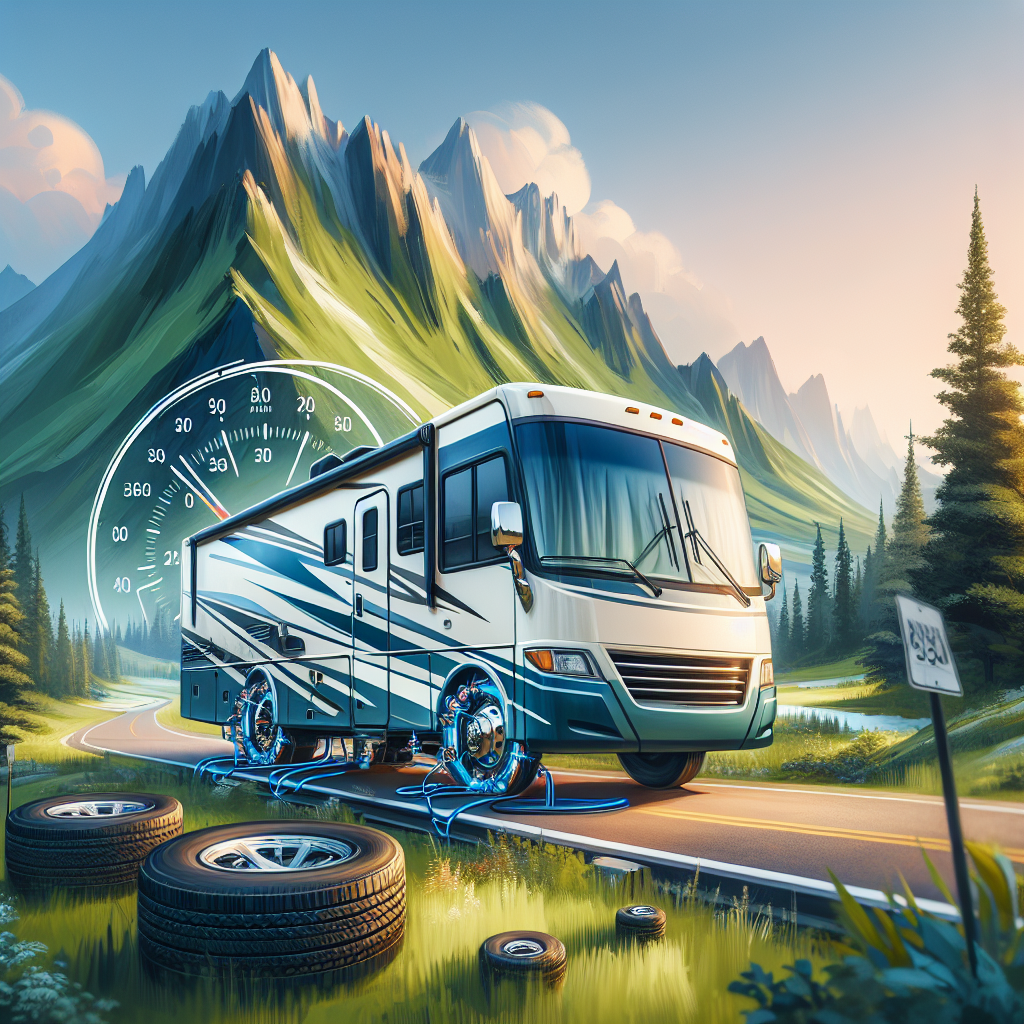 An RV with a tire pressure monitoring system parked on a scenic road.