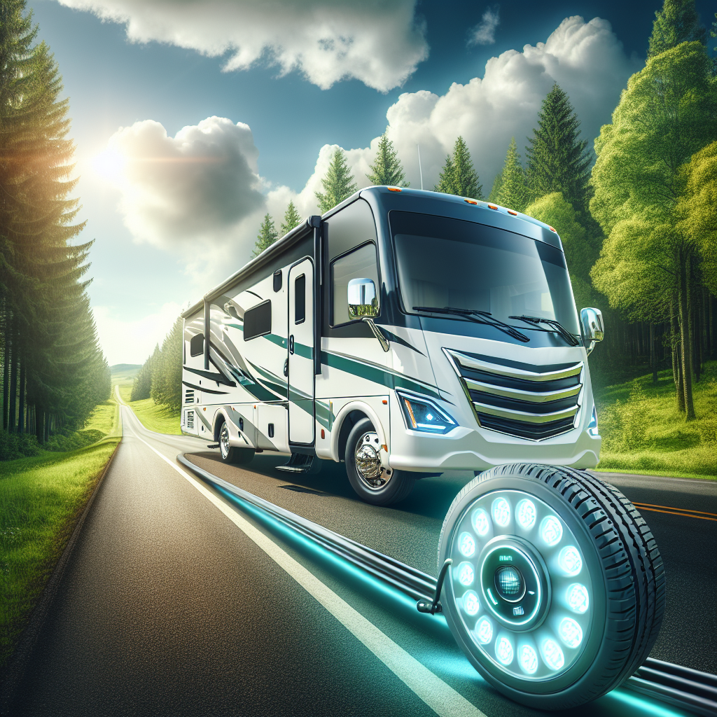An RV traveling on a highway with a digital tire pressure monitoring display.