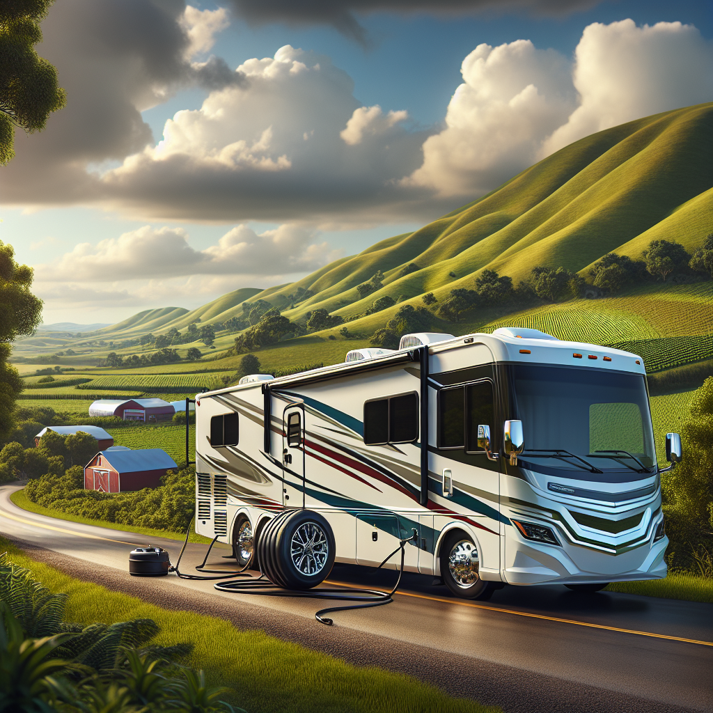 A modern RV parked on a picturesque road with a blue sky and green hills.
