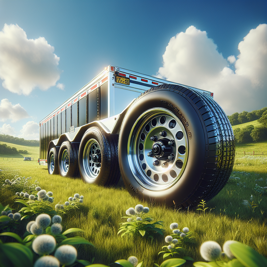 A trailer parked in a serene landscape with a focus on its wheel bearings.