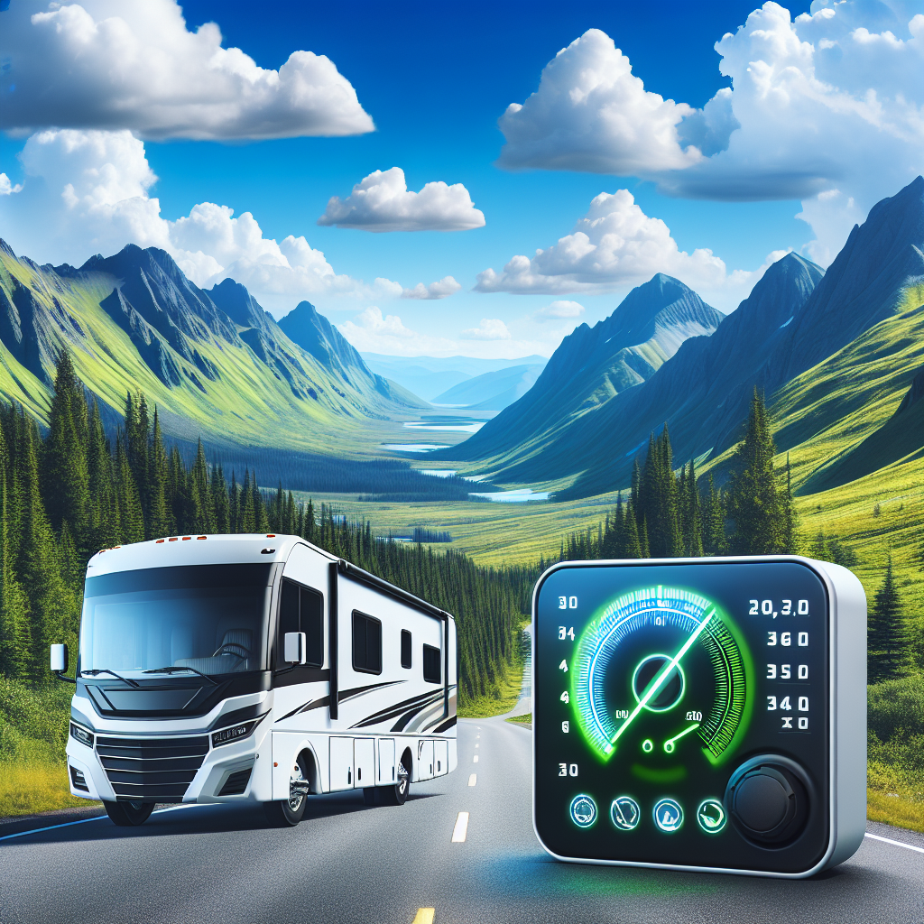 A recreational vehicle parked on a scenic road with mountains and a tire pressure monitoring system displayed.
