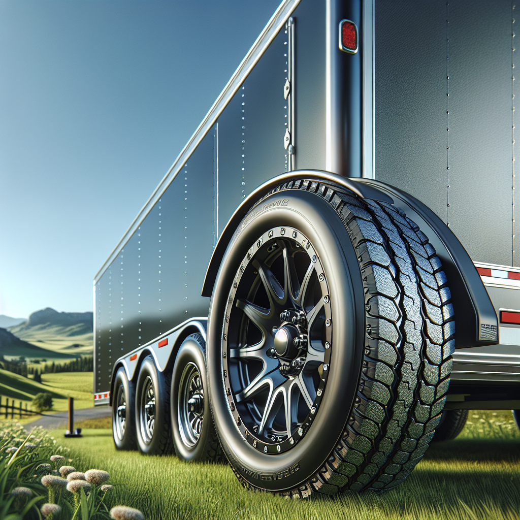 A trailer parked on a roadside with well-inflated tires surrounded by a scenic landscape.