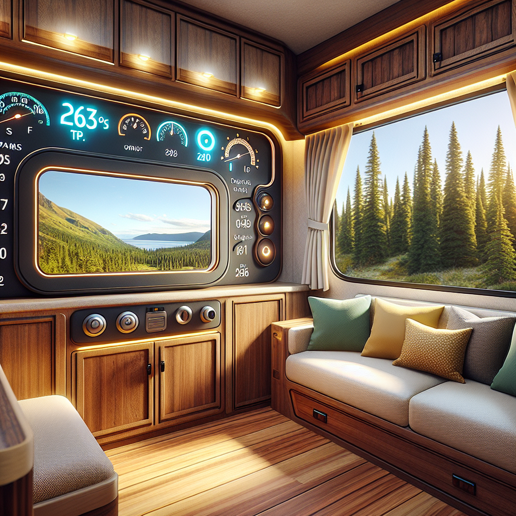A tire pressure monitoring system display inside an RV, with a serene landscape outside the window.