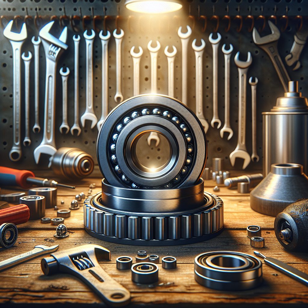 A close-up of trailer wheel bearings on a workbench surrounded by tools in a workshop.
