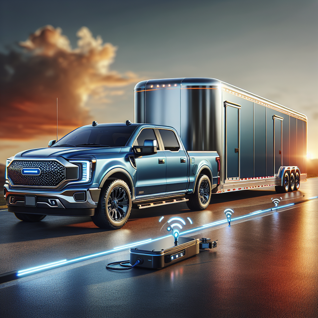 A GMC truck and trailer equipped with a Tire Pressure Monitoring System on an open road during sunset.