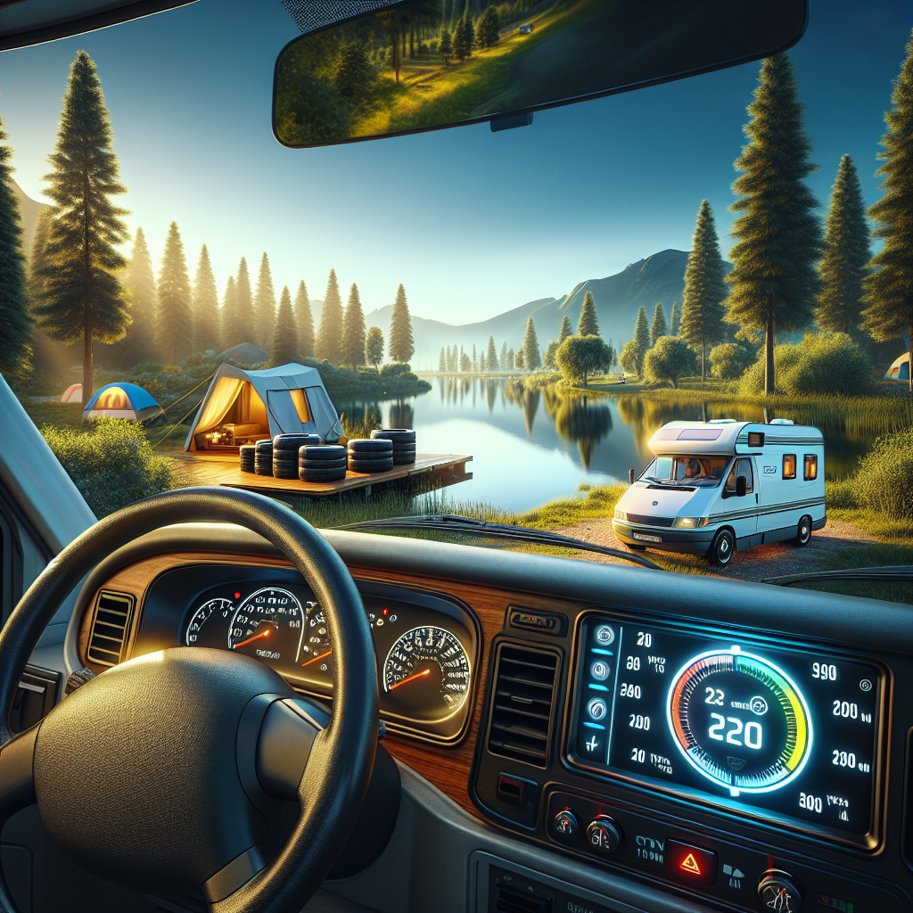 A camper van parked by a lake with a focus on its tire pressure monitoring system.