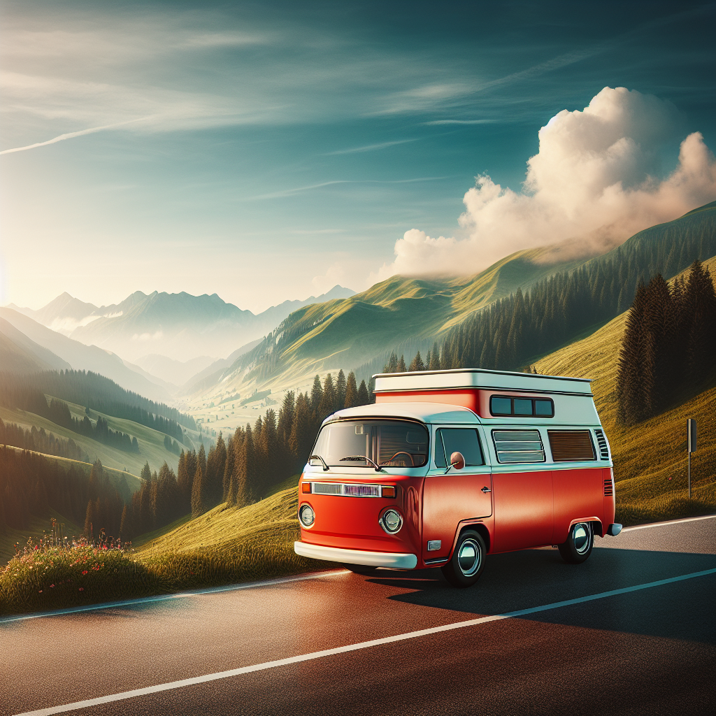 A camper van parked on a beautiful mountain road.