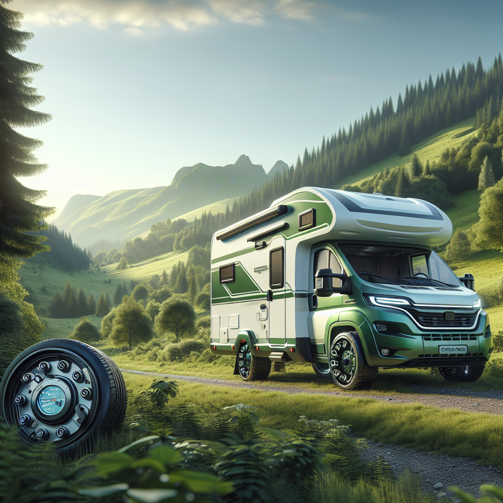 A camper vehicle in a natural landscape, representing safety with Tire Pressure Monitoring System features.