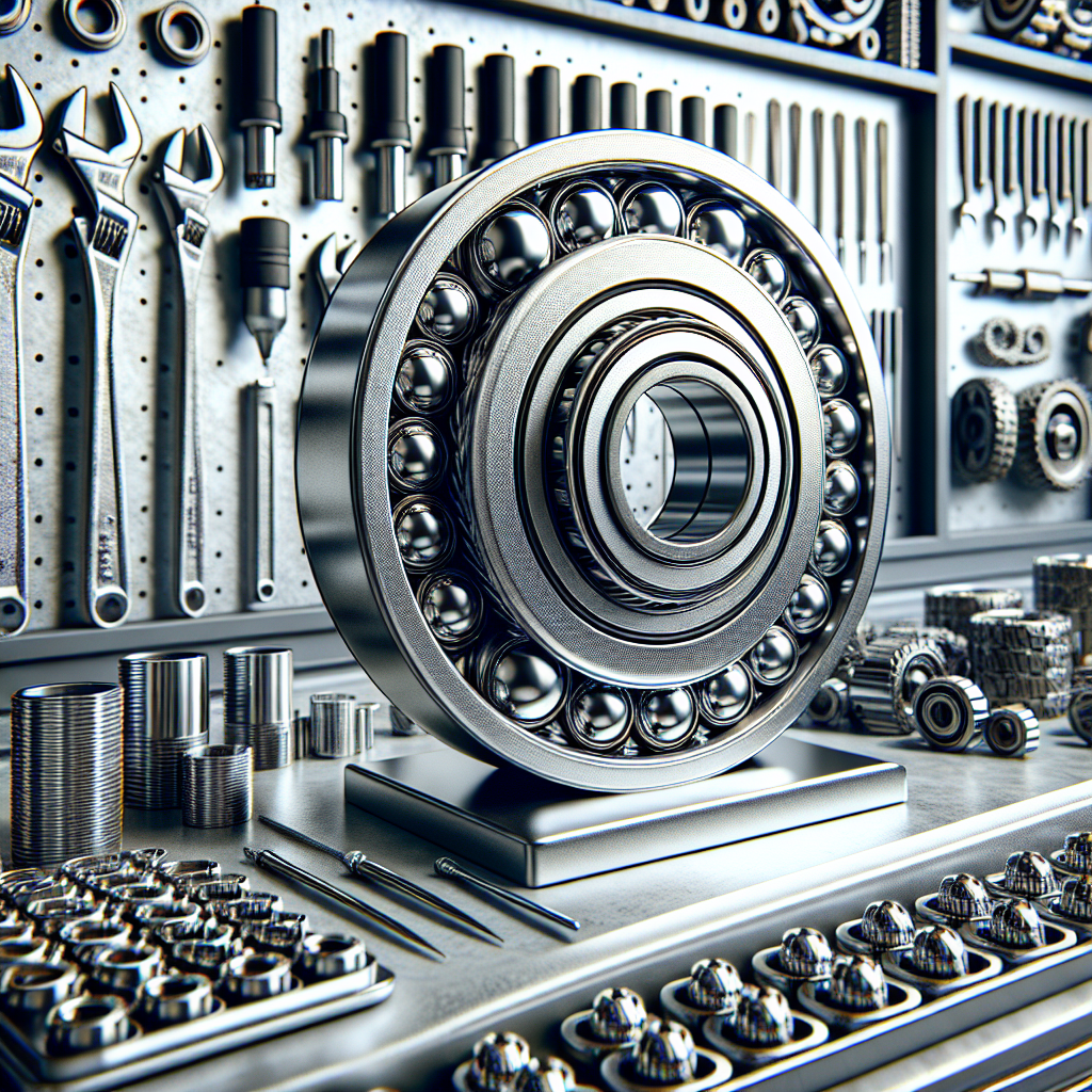 Close-up of shiny trailer wheel bearings in a mechanic's workshop.
