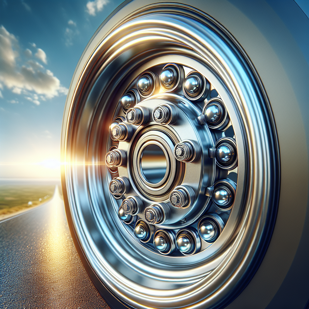 A close-up view of a well-maintained trailer wheel showcasing its wheel bearings against a blurred road background.