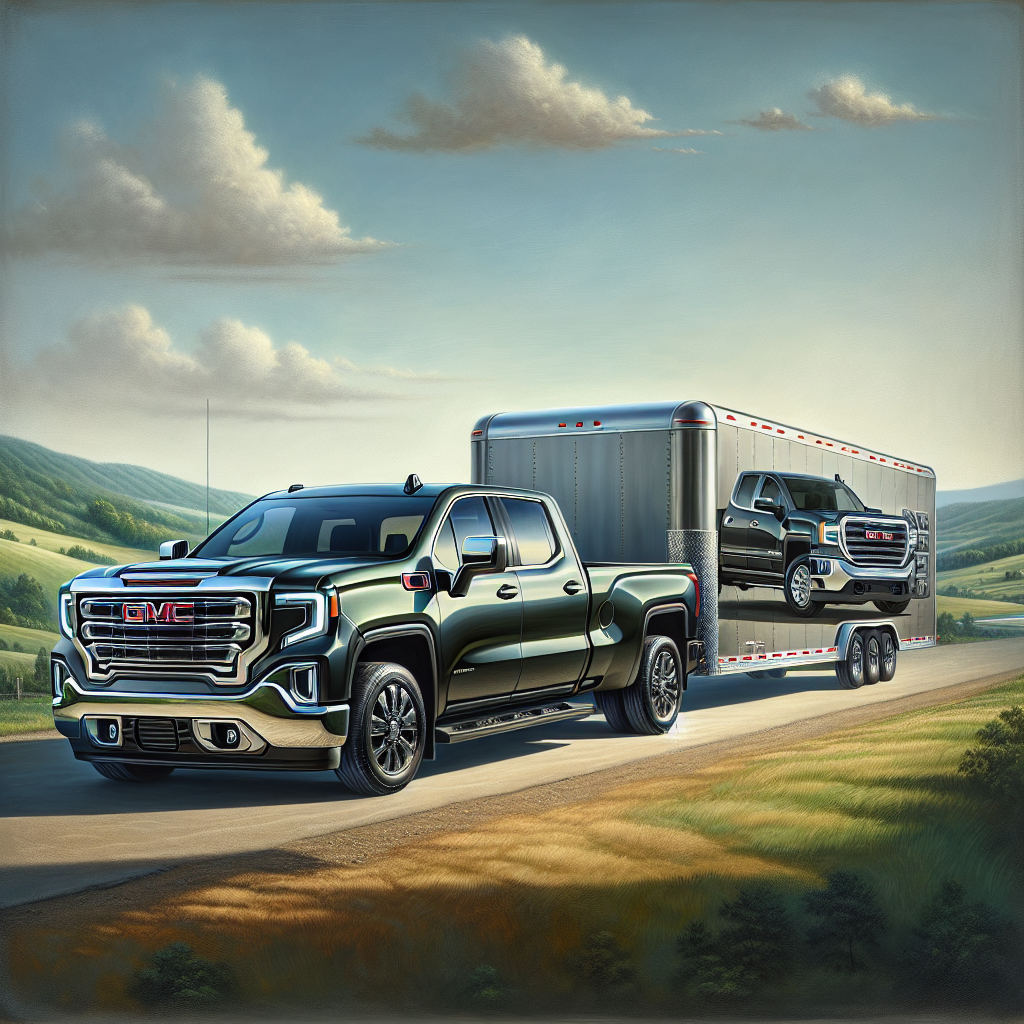 A GMC truck towing a high-tech trailer with tire pressure monitoring system in a scenic landscape.