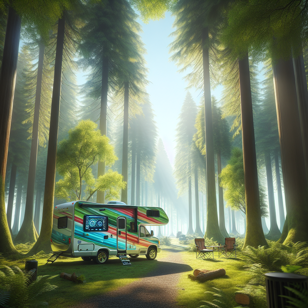 A serene camper with a Tire Pressure Monitoring System displayed, surrounded by a lush green landscape.