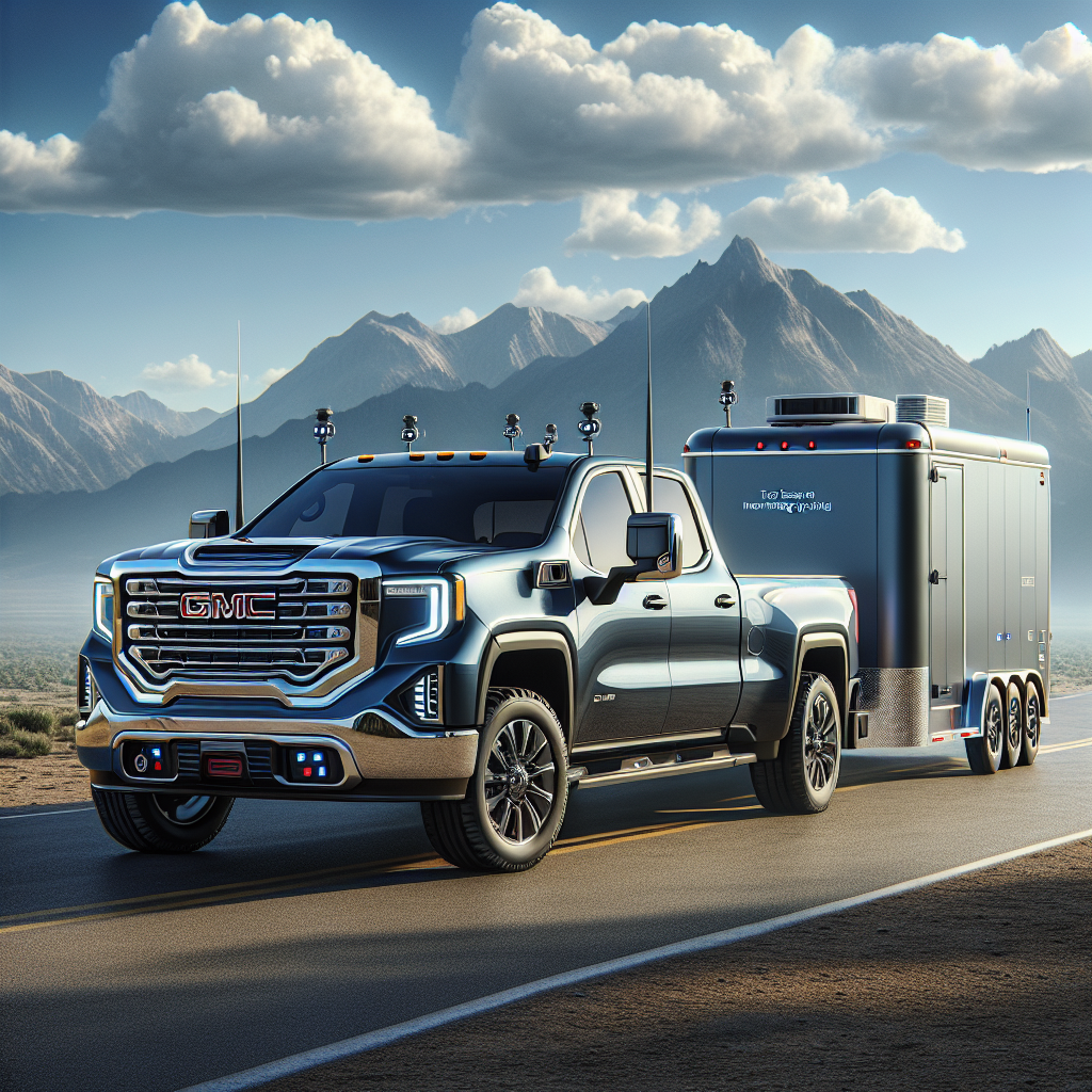 A GMC truck towing a smart trailer in a realistic landscape.