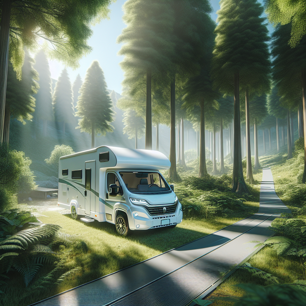 A camper van parked in a natural setting with trees and blue sky.