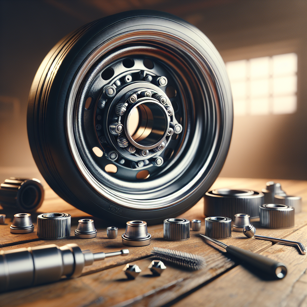 A detailed view of a trailer wheel assembly highlighting wheel bearings, tools, and a garage background.