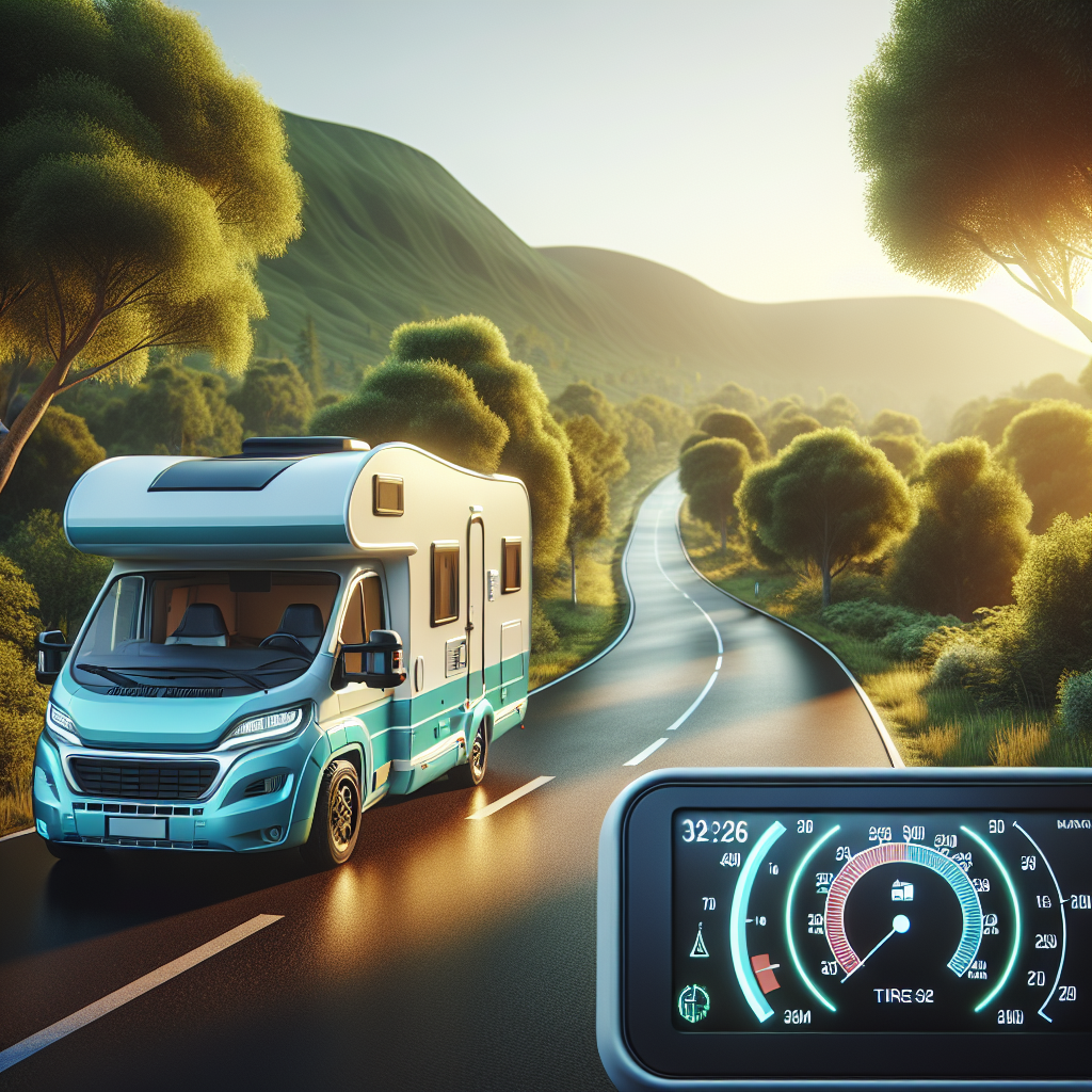A camper van parked on a road with rolling hills and trees in the background, featuring a tire pressure monitoring screen.